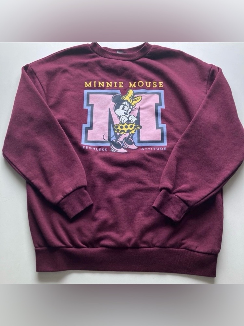 Disney Minnie Mouse Girls Maroon Varsity Graphic Fleece Sweatshirt Pullover XL